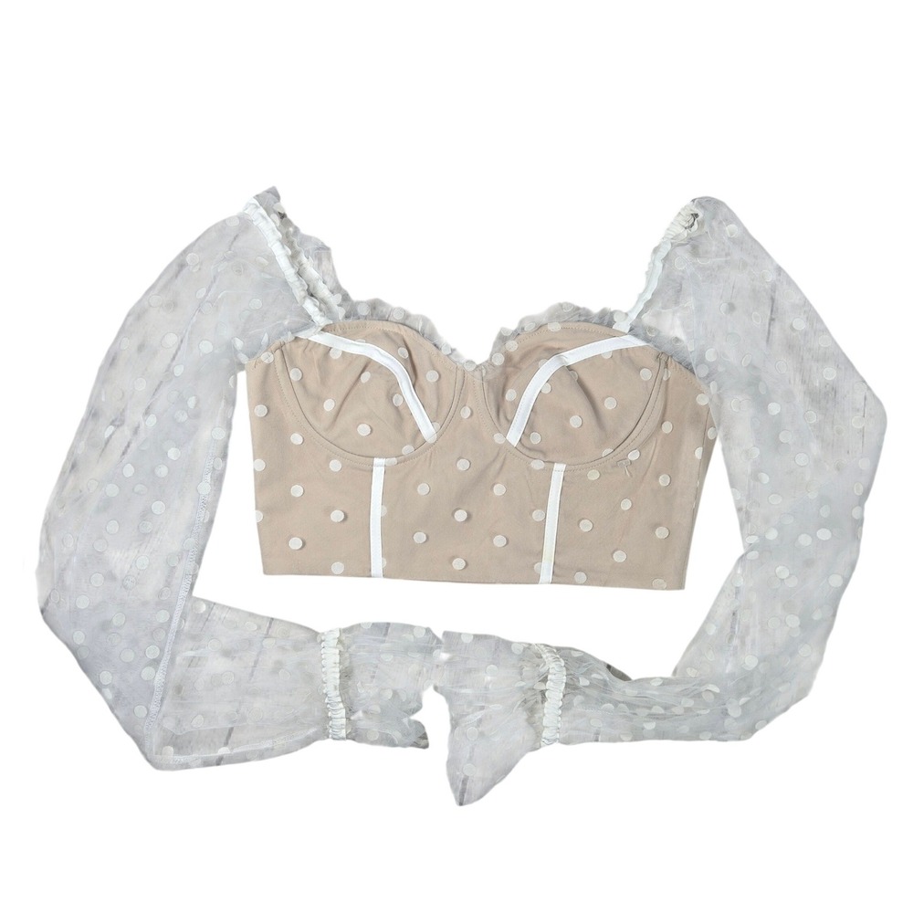 Hello Molly Malibu‎ Sunset Top White Beige Polka Dot Mesh Corset Crop M US 6